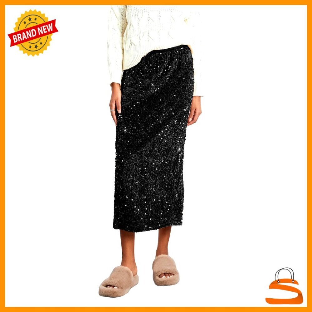 Sparkly Sequin Midi Skirt Elastic Waist Glitter Formal Party Long Skirt